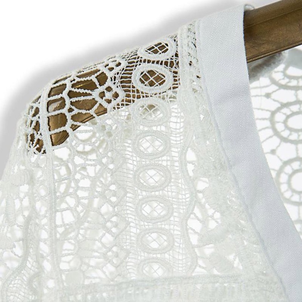Boho White Lace Button Down Semi Sheer 3/4 sleeve Blouse - Picture 3 of 4